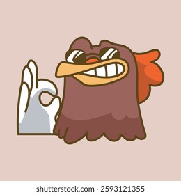 okay hand gesture chicken character mascot with outline flat vector design