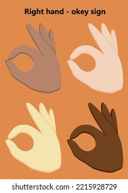 Icono de gesto de mano. 4 colores de la piel de la mano derecha. Gesto de caricatura ok icono vector para el diseño web aislado en el fondo naranja.