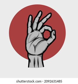 Okay hand gesture with red circle, moon or  sun, engraved, vintage style vector line art illustration isolated on white. Ok hand sign outline hand drawing vector