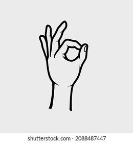 Okay hand gesture vector line art illustration isolated on white. Ok hand sign outline drawing.