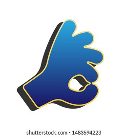 Okay. Hand icon. Blue icon with gold contour with dark gray shadow at white background. Illustration.