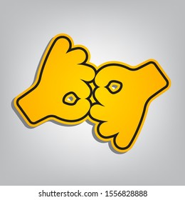 Okay. Hand icon. Flat orange icon with overlapping linear black icon with gray shadow at whitish background. Illustration.