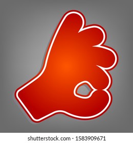 Okay. Hand icon. Flat red icon with linear white icon with gray shadow at grayish background. Illustration.