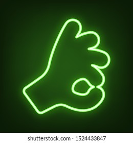 Okay. Hand icon. Green neon icon in the dark. Blurred lightening. Illustration.