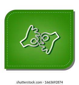 Okay. Hand icon. Silver gradient line icon with dark green shadow at ecological patched green leaf. Illustration.