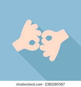 Okay. Hand icon. Unbleached silk Icon with very long shadow at dark sky blue background. Illustration.