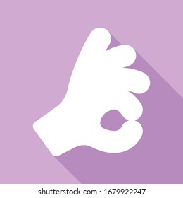 Okay. Hand icon. White Icon with long shadow at purple background. Illustration.