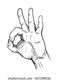 okay hand sign. engraving style. vector illustration/