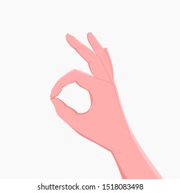 Okay hand sign. Human hand shows ok gesture with fingers. Isolated on white background. Trendy flat style. Vector illustration.