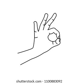 Okay Hand Sign. Vector black illustration isolated on white background. 