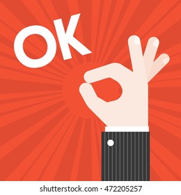 Okay Hand sign vector with sun burst background and text OK, approve and confirm concept, flat design