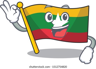 Okay Myanmar waving flag hoisted on pole, cartoon character.