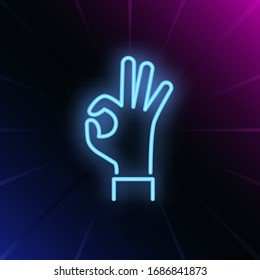 Okay neon sign. Glowing hand in okay gesture on brick wall background. Vector illustration can be used for gesturing, communication, chatting