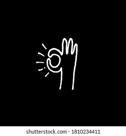 Okay OK Hand Gesture Hand Drawn Lined Icon Doodle For T-shirt Or Poster Design. Isolated On Black Background. Vector  Illustration