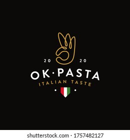 Okay pasta logo icon vector template with ok noodle hand symbol on black background