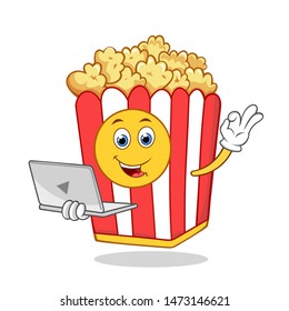 Okay Popcorn Red White Box Cartoon Mascot Character With Holding a Laptop.