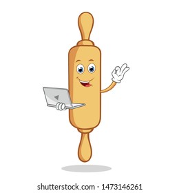 Okay Rolling Pin Cartoon Mascot Character With Holding a Laptop.