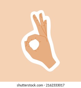 Okay sign for sticker. Positive feedback. Hand drawn color vector illustration isolated on background. Flat cartoon style.