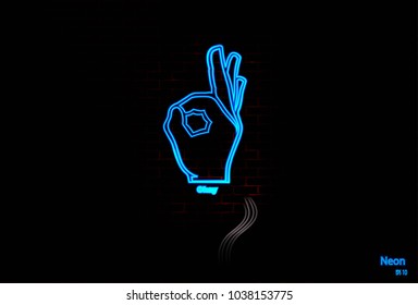 The okay sign with text in neon light style design on brick wall, Eps 10 vector