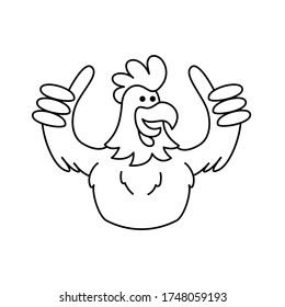 okay strong rooster chicken with thumb up gesture wing hand outline drawing illustration. preschool kids coloring book vector graphic