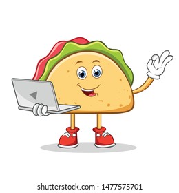 Okay Taco Mexican Cartoon Mascot Character With Holding a Laptop.