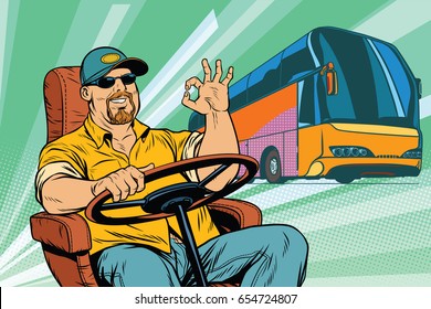 Okay Tourist Bus Driver. Transport And Transportation. Pop Art Retro Vector Illustration