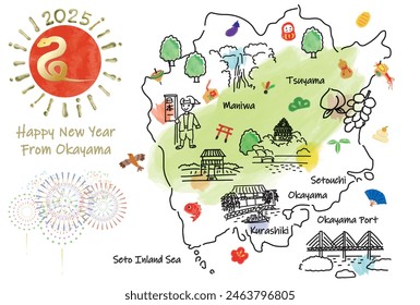 OKAYAMA Japan travel map with landmarks and symbols. Hand drawn vector illustration.