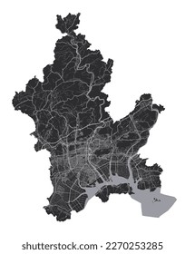 Mapa de Okayama. Mapa vectorial detallado del área administrativa de la ciudad de Okayama. Vista de la aria metropolitana de Cityscape poster. Tierra negra con caminos blancos y avenidas. Fondo blanco.
