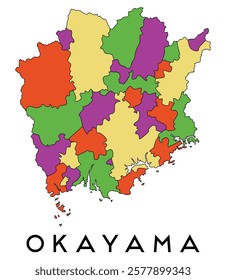 Okayama map of regions districts vector colored and outline