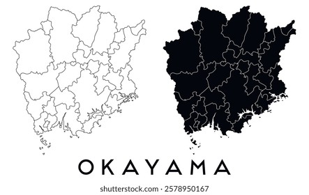 Okayama map of regions districts vector black on white and outline