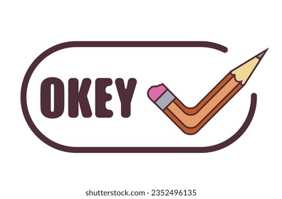 Okey button with stylised pencil icon. Isolated on a white background