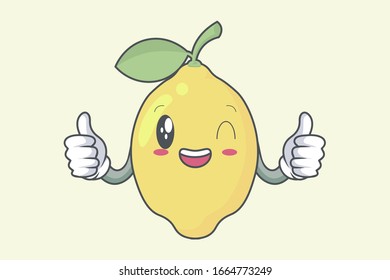 Okey, OK Hand Gesture. Grinning Wink, Happy Face. Lemon Fruit character emoticon, emoji, expression cartoon style. Logo, Icon, Mascot , Illustration art
