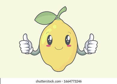 Okey, OK Hand Gesture. Slightly Smile Face. Lemon Fruit character emoticon, emoji, expression cartoon style. Logo, Icon, Mascot , Illustration art