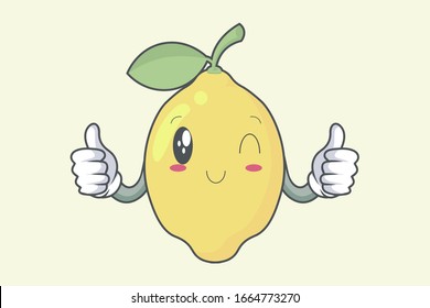 Okey, OK Hand Gesture. Wink, Smiling Face. Lemon Fruit character emoticon, emoji, expression cartoon style. Logo, Icon, Mascot , Illustration art
