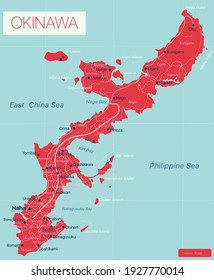 Okinawa detailed editable map with cities and towns, geographic sites. Vector EPS-10 file
