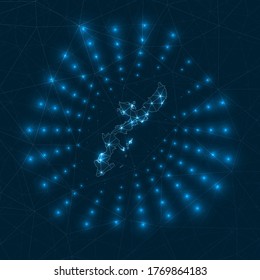 Okinawa Island digital map. Glowing rays radiating from the island. Network connections and telecommunication design. Vector illustration.