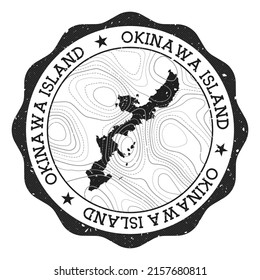 Okinawa Island outdoor stamp. Round sticker with map with topographic isolines. Vector illustration. Can be used as insignia, logotype, label, sticker or badge of the Okinawa Island.