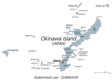 Okinawa Islands, Gray Political Map. Island Group In The Okinawa Prefecture Of Japan, In The East China Sea, With The Capital Naha. Part Of The Larger Ryukyu Islands. English Labeling. Illustration.