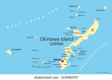 Okinawa Islands, Political Map. Island Group In The Okinawa Prefecture Of Japan, In The East China Sea, With The Capital Naha. Part Of The Larger Ryukyu Islands. English Labeling. Illustration. Vector