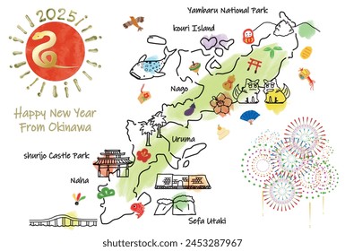 Mapa de viaje de OKINAWA Japón con Lugares famosos y símbolos. Ilustración vectorial dibujada a mano