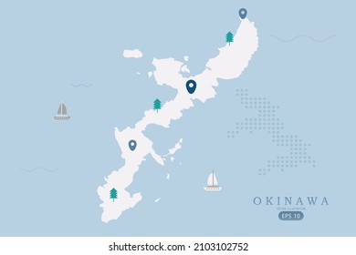 Okinawa Map - World Map International vector template High detailed with white color isolated on blue background including simple point of location, tree, boat icon - Vector illustration eps 10