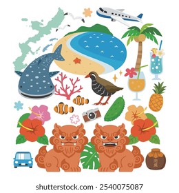 Okinawa prefeitura turismo simples vetor ilustração conjunto. Tradução de caracteres japoneses: "Awamori".