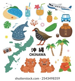 Okinawa prefecture tourism simple vector illustration set. Japanese characters translation: "Awamori".