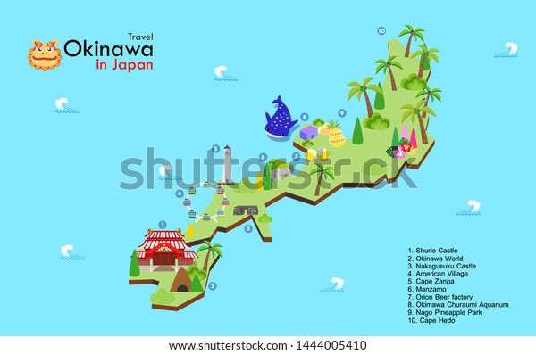 Okinawa Travel Map Japan Landmark Attractions Stock Vector