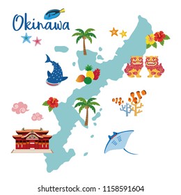 Okinawa travel map with local specialties (Shisa; tropical fruits; whale shark; hibiscus; palm tree; coral; tropical fish; starfish; strong Okinawan liquor; manta ray)