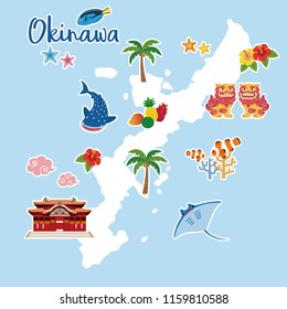 Okinawa travel map with local specialties (Shisa; tropical fruits; whale shark; hibiscus; palm tree; coral; tropical fish; starfish; strong Okinawan liquor; manta ray)