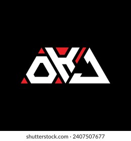 OKJ triangle letter logo design with triangle shape. OKJ triangle logo design monogram. OKJ triangle vector logo template with red color. OKJ triangular logo Simple, Elegant, and Luxurious design.