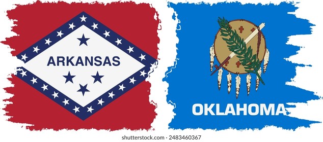 Oklahoma and Arkansas states grunge brush flags connection, vector