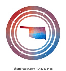 Oklahoma badge. Bright gradient logo of US state in low poly style. Multicolored Oklahoma rounded sign with map in geometric style for your infographics.