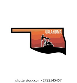 Frontera de Oklahoma con la silueta de la bomba del gato del aceite en paisaje de la puesta del sol perfecto para la impresión, la ropa, el etc